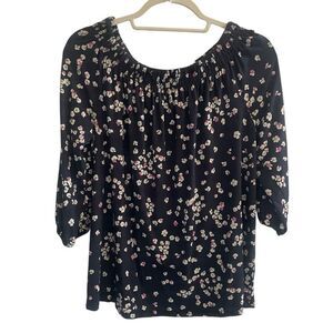 J Jill Wearever Navy Blue Floral Smocked Neck Top Women’s Sz Medium Jersey Knit